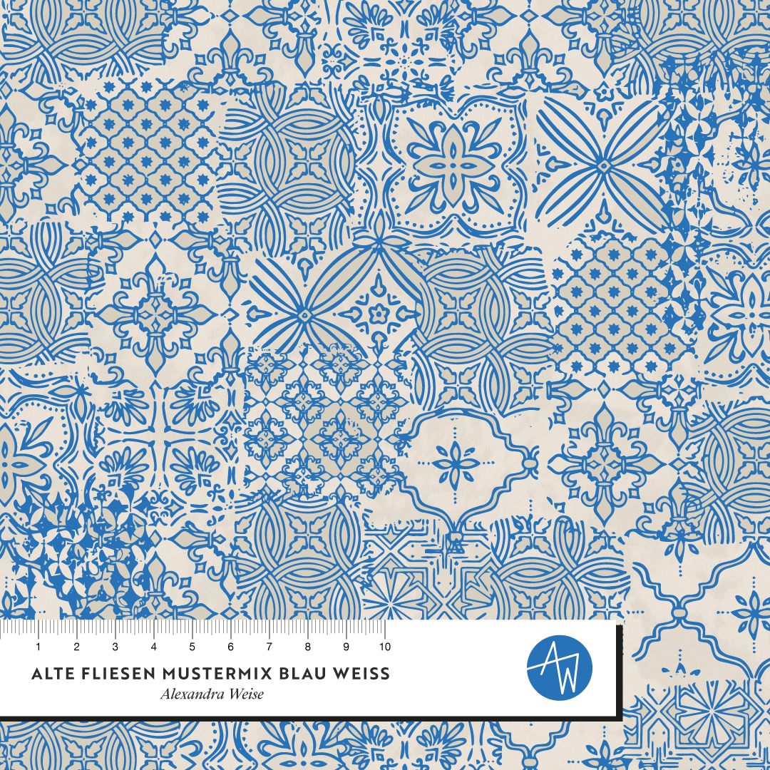 Organic fabric  - Alte Fliesen Mustermix blue, white