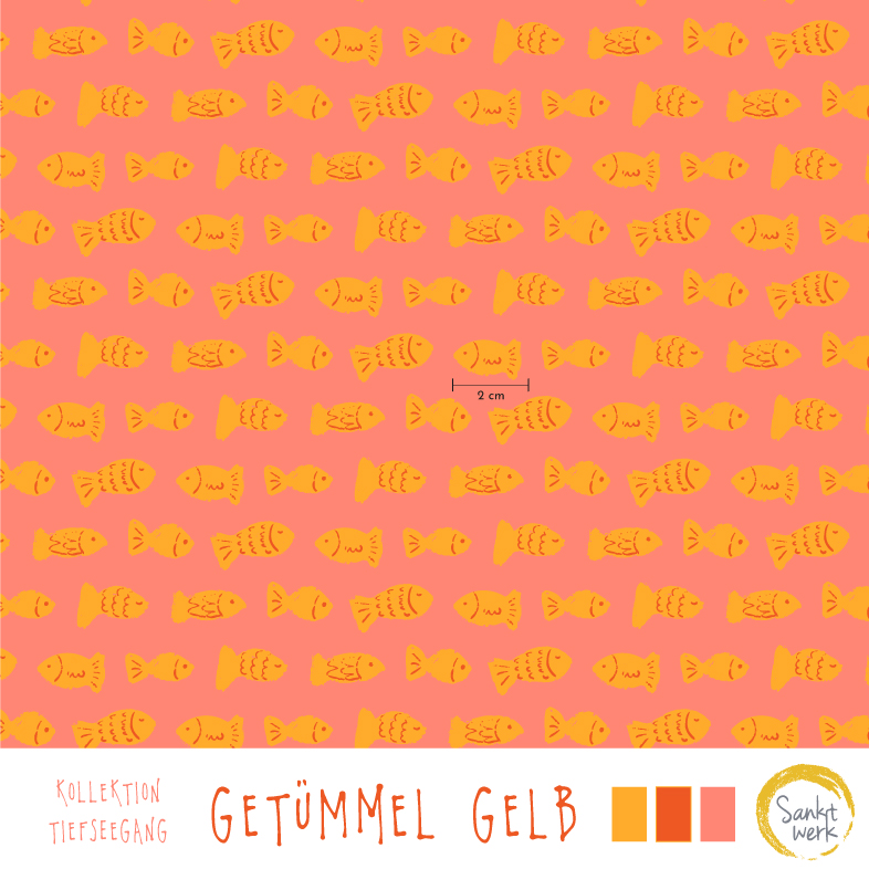 Bio Webware Stoff  -  Getümmel  - Sanktwerk, Tiere, Maritim, orange, 100% Bio-Baumwolle