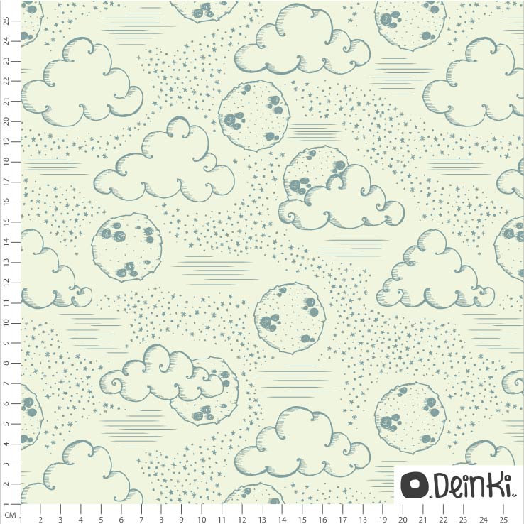 Bio Webware Stoff - Wolken und Mond Weiss Grün - Deinki, creme, Wetter, Mond, 100% Bio-Baumwolle Bio Webware Stoff - Wolken und Mond Weiss Grün - Deinki, creme, Wetter, Mond, 100% Bio-Baumwolle