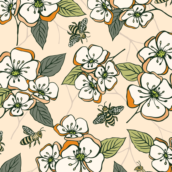 Bio Stoff  - Obstblüten Bienen beige, orange