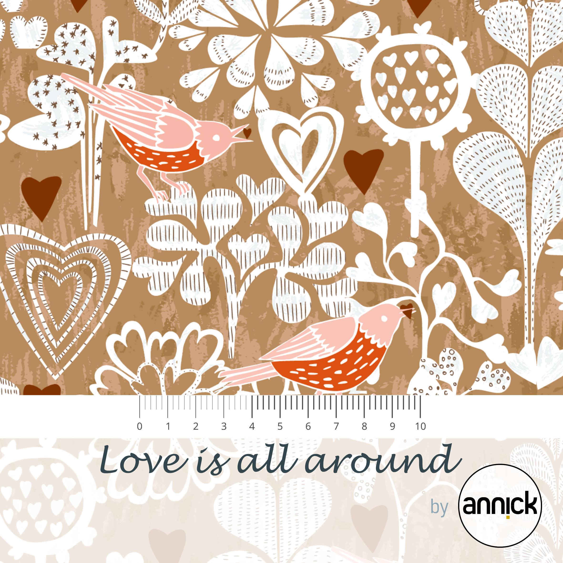 Bio Webware Stoff  -  Love is all around tan  - Annick, Blätter & Ranken, Tiere, Floral & Blumen, braun, beige, 100% Bio-Baumwolle