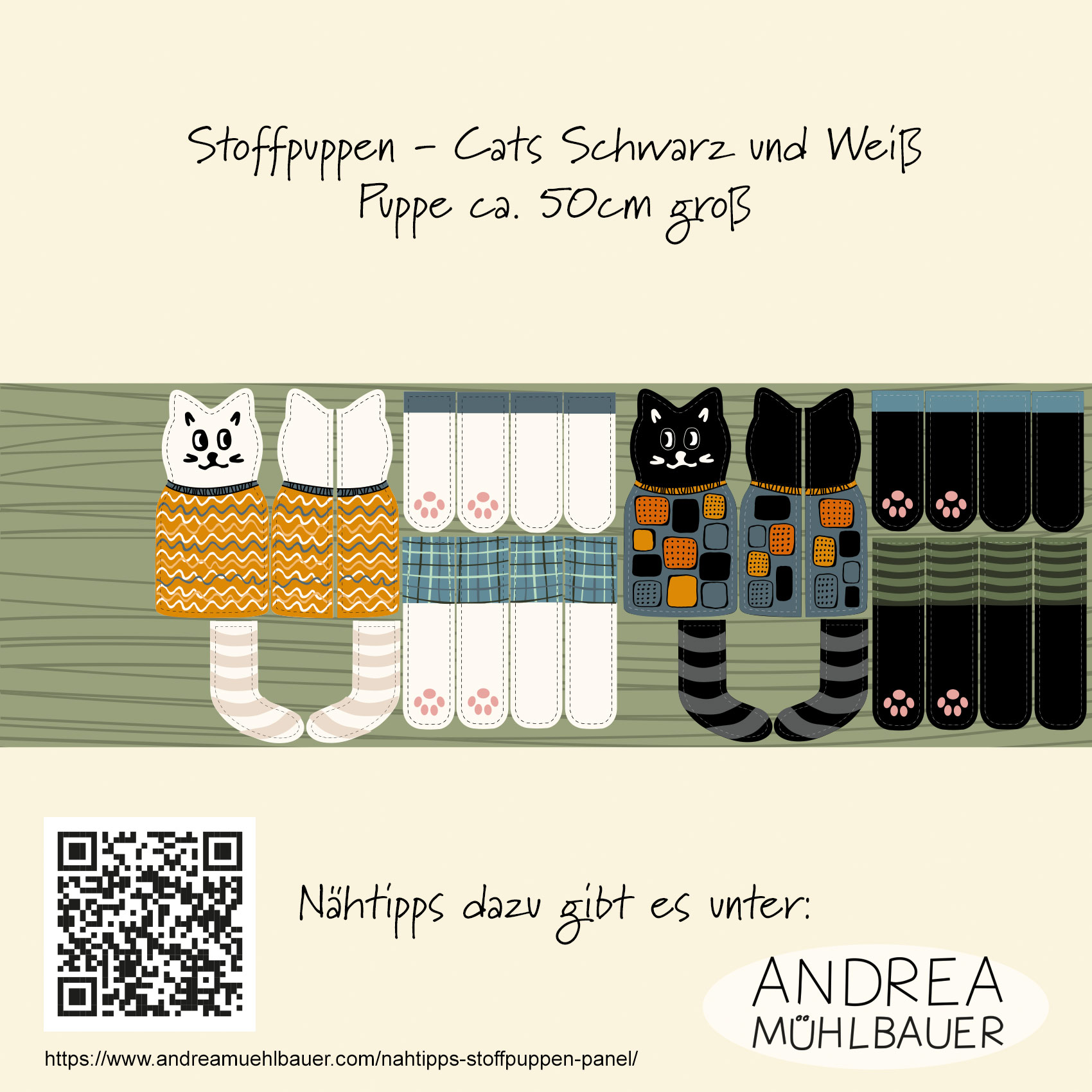 Organic Fabric - Cat Doll Black White by Andrea Muehlbauer in black